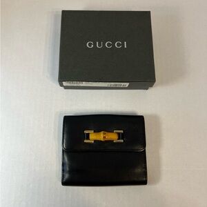 Gucci Black Lambskin Leather & Bamboo Compact Wallet‎ with box